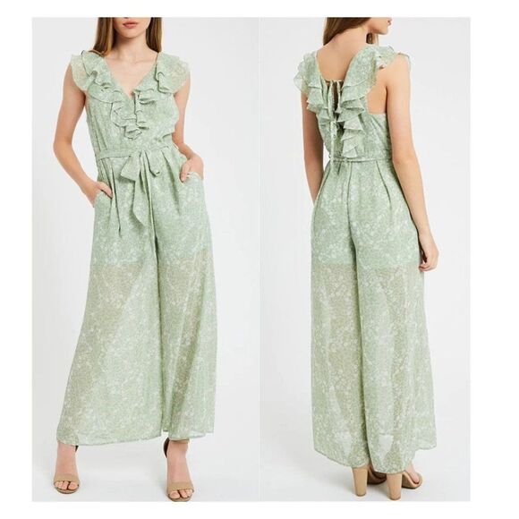 Listicle Floral Print Chiffon Ruffle Wide Leg V-Neck Jumpsuit Green Medium - Picture 1 of 11
